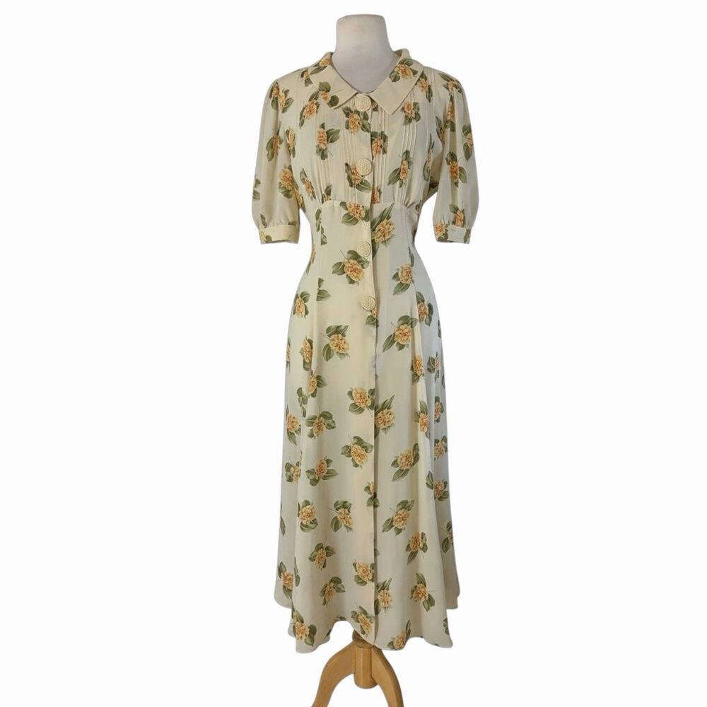 VTG Joan Leslie Ivory Floral Midi Dress Cottagecore Romantic Tea Party Prairie 6
